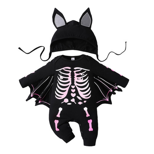 bebiullo Toddler Baby Halloween Bat Rompers Costume Infant Boys Girls Skeleton Print My First Halloween Romper One-Piece Jumpsuit (Black pink, 6-12 Months)