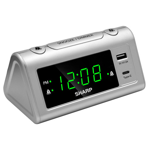 SHARP Alarm Clock for Bedrooms, Super Fast USB-C Charging and Fast 2 Amp USB Charging, 2 Alarms, 3-Step Dimmer, Snooze, Easy to Set Controls, Silver with Green LED Display