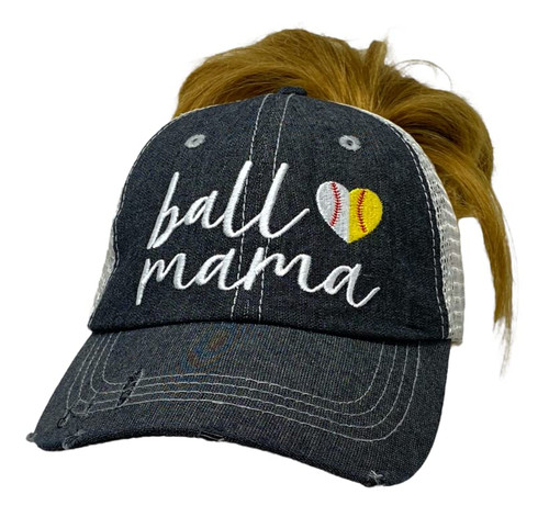 Cocomo Soul Womens Ball Mama Hat | Ball Mama Messy Bun Top Ponytail Opening Hat | Baseball Softball Mom Hat | 413 Dark Grey