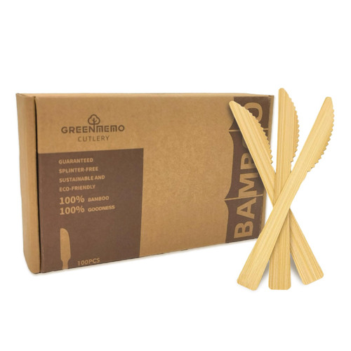 Disposable Bamboo Utensils,Natural Bamboo Utensils 100 Pcs Knives, Biodegradable Compostable Cutlery, Reusable Bamboo Flatware for Gatherings, Camping, Picnic, Parties