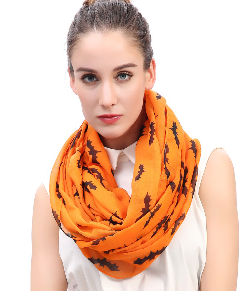 Lina & Lily Halloween Bat Print Women's Infinity Loop Scarf Lightweight (Orange)