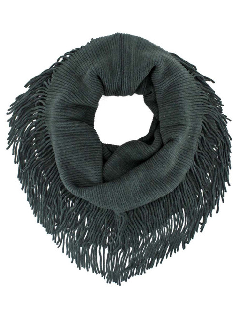 Luxury Divas Green Ribbed Knit Infinity Scarf With Long Fringe