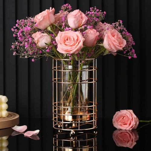 Glass Flower Vase with Geometric Metal Rack Stand,Handcrafted Plating Metal Vase,Clear Vase Decorative for Home Office Wedding Holiday Party Celebrate