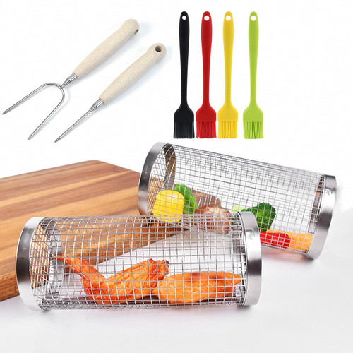 Grill Basket, 2PCS Rolling Grilling Basket for Outdoor Grill, 304 Stainless Steel Grill Mesh BBQ Basket, Barbeque Grill Cylinder Camping Grill Accessories, Bbq Net Tube for Vegetable Fish Camping