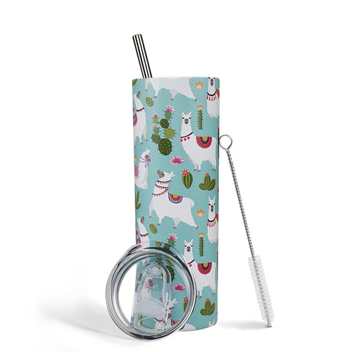 Yuzlin Llama Cactus Tumbler With Lid and Straw Stainless Steel 20oz Llama Skinny Tumbler Insulated Llama Water Bottle Cactus Cup Travel Mug Llama Gifts for Women