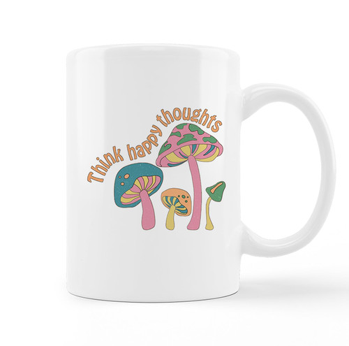 Think Happy Thoughts Mental Health Growth Mindset Retro Hippie Mushroom Ceramic Mug-11oz Coffee Milk Tea Mug Cup with Handle,Mental Health Awareness Gifts,Positive Gifts for Women Girls Teens Kids