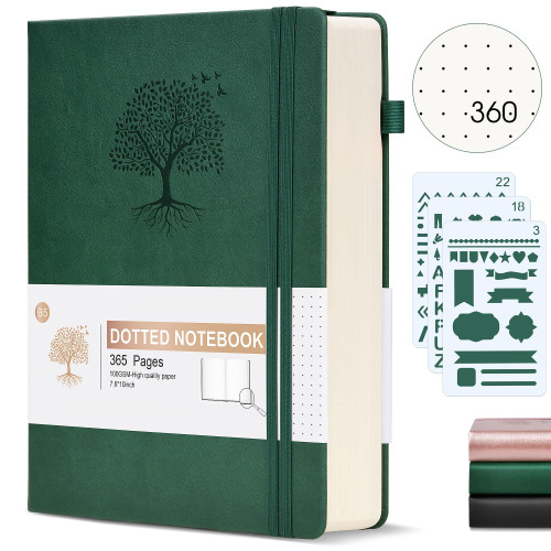 Ansopu Dotted Journal Notebook, 360 Numbered Pages Bullet Dot Grid Journals, 100gsm Dot Paper Thick Hardcover Leather Journal for Writing Women Men, B5 Big Dotted Grid Notebooks for Work School Sketching Drawing Green