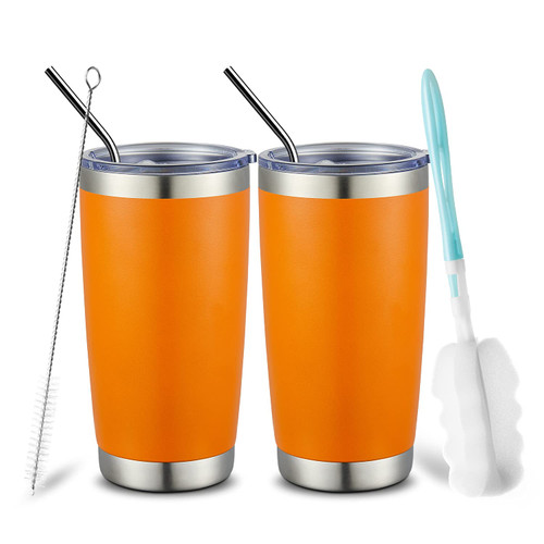 COMOOO 20oz Tumbler Bulk Double Wall Vacuum Insulated Travel Mug, Stainless Steel Tumbler with Lid and Straw Durable Powder Coated Insulated Coffee Cup for Cold & Hot Drinks (Orange, 2 pack