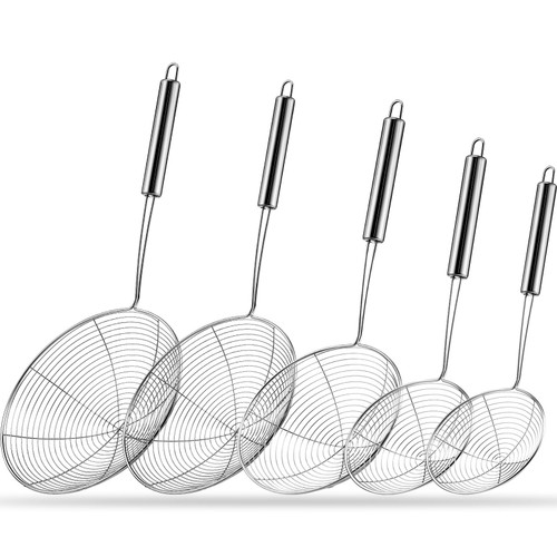 Maxcheck Set of 5 Stainless Steel Spider Strainer Skimmer Asian Strainer Ladle Kitchen Pasta Strainer Spoon with Long Handle Wire Spider Skimmer for Cooking and Frying, Spaghetti, Noodle