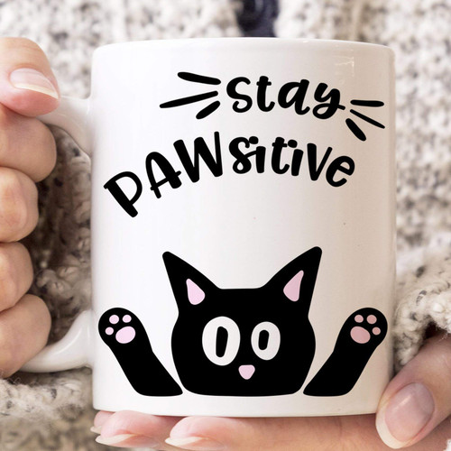 Cat Coffee Mug | Funny Stay Pawsitive Kitty Cup Ceramic Microwave and Dishwasher Safe