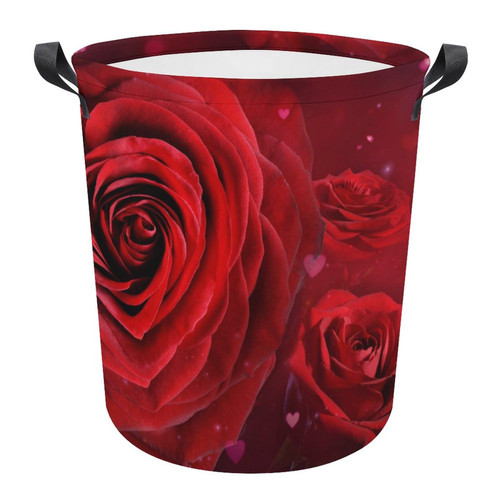 FISNAE Valentine's Day Storage Baskets Roses And Hearts Small Laundry Hamper-Collapsible Storage Bin with Handles Round Toy Organizer Bin for Kid's Room,Office,Nursery Hamper, Home Decor
