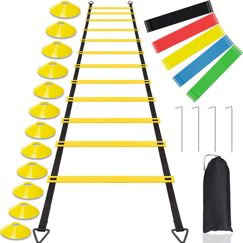 porffitoy Speed Agility Training Equipment Set, 12 Rung 20Ft Adjustable Agility Ladder, 12 Disc Cones, 4 Steel Stakes, 4 Resistance Band for Speed Training, Football, Soccer, Footwork porffitoy Speed Agility Training Equipment Set, 12 Rung 20Ft Adjustable Agility Ladder, 12 Disc Cones, 4 Steel Stakes, 4 Resistance Band for Speed Training, Football, Soccer, Footwork