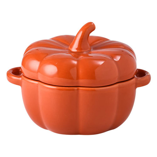 Zerodeko Ceramic Pumpkin Bowl with Lid, 420ml Halloween Bowl with Handle, Soup Bowl Candy Cookie Jar Stewing Bowl Salad Dish Pumpkin Decoration for Halloween Thanksgiving (Orange)