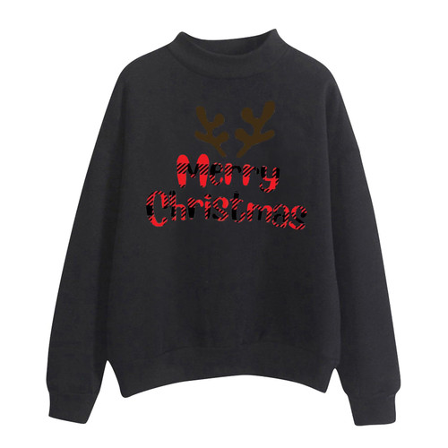 QIGUANDZ Cute Christmas Sweatshirts for Women Long Sleeve Merry Christmas Letter Print Warm Sweater Casual Crewneck Pullover Black