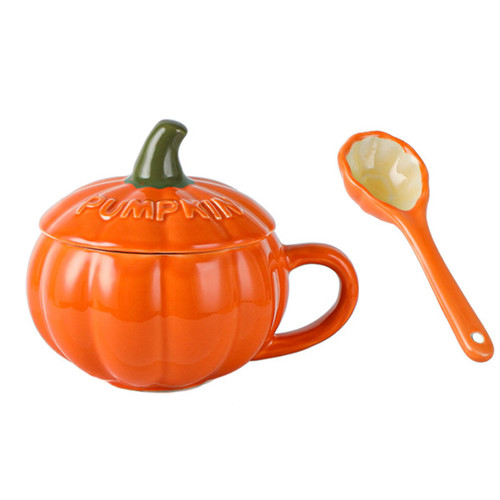 Giltpeak Pumpkin Ceramics Coffee Mug and Tea Mugs, Halloween Pumpkin Shaped Fun Autumn Mugs, Autumn Harvest Theme Party Favor Pumpkin Cups for Women (Pumpkin cup+Cover+Spoon)