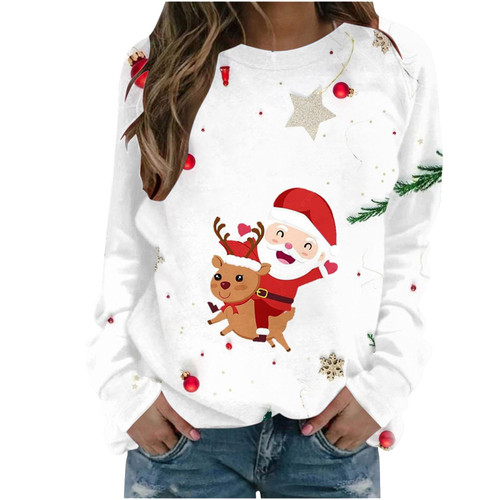 TUNUSKAT Christmas Sweater Womens Trendy Cute Santa Deer Graphic Raglan Long Sleeve Shirts Fall Winter Holiday Pullover Tops