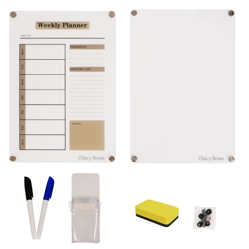 Acrylic Calendar for Fridge Set Includes Bonus Memo Board & Markers - 9x13 Weekly Planner Acrylic Fridge Calendar -Schedule Planner for Fridge - Weekly Dry Erase Board - Magnetic Meal Planner