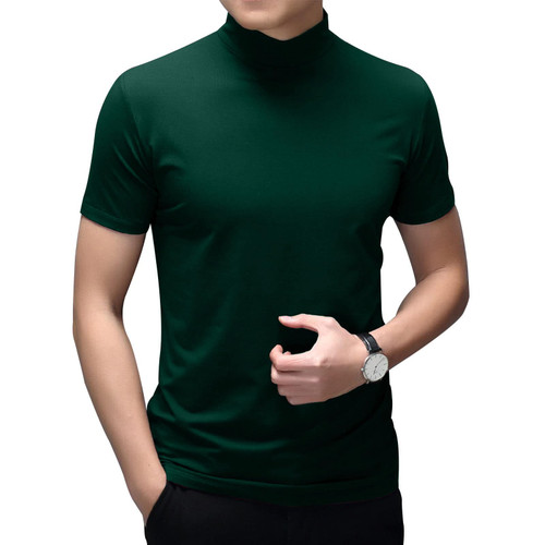 Percle Mens Fashion Short Sleeve Mock Turtleneck Basic Tops Casual Pullover T-Shirt Slim Fit Solid Undershirt Green