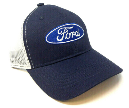 Ford Oval Script Logo Navy Blue & White Mesh Trucker Curved Bill Adjustable Snapback Hat
