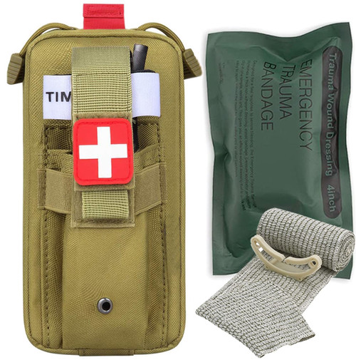 VVIITOP IFAK Pouch Small Trauma Kit (Israeli Bandage + Pouch), Tourniquet Holder Portable IFAK Medical Kit Tactical First Aid Pouch, Emergency EMT First Aid Kit for Camping and Hiking (Tan)