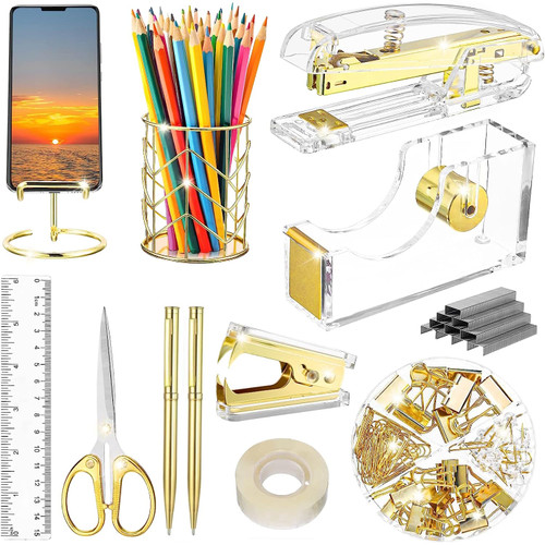 FERXIDI Gold Desk Accessories,Office Supplies Set Acrylic Stapler,Staple Remover,Tape Holder,Pen Holder,Ballpoint Pen,Scissor,Binder Clips,Phone Holder,Ruler,Transparent Glue,1000pcs Staples