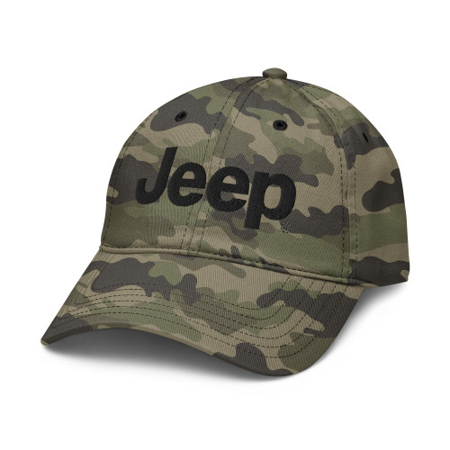 Jeep Wordmark Logo (Black) Adjustable Baseball Hat, Green Camo, One Size