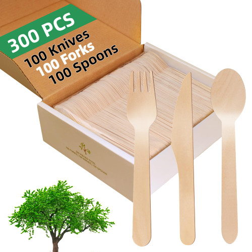 JYTMUS Wooden Cutlery Set - 300 Pieces (100 Wooden Spoons, 100 Forks, 100 Knives) - 100% Compostable Utensils Disposable Wooden Cutlery Spoons and Forks Set Eco Friendly Wooden Kitchen Utensil Set JYTMUS Wooden Cutlery Set - 300 Pieces (100 Wooden Spoons, 100 Forks, 100 Knives) - 100% Compostable Utensils Disposable Wooden Cutlery Spoons and Forks Set Eco Friendly Wooden Kitchen Utensil Set