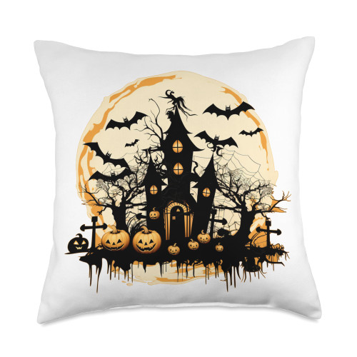 Jack o lantern pumpkins, funny Halloween, bats Halloween Pumpkins Full Moon and a Haunted House Throw Pillow, 18x18, Multicolor