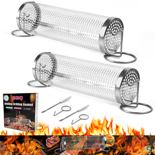 2 PCS Rolling Grilling Baskets for Outdoor Grilling Stainless Steel Mesh Rolling Grill Basket Round BBQ Grill Basket Barbeque Grill Portable Grill Baskets for Fish Vegetables Shrimp Meat Fries (7.87*3.54inch) 2 PCS Rolling Grilling Baskets for Outdoor Grilling Stainless Steel Mesh Rolling Grill Basket Round BBQ Grill Basket Barbeque Grill Portable Grill Baskets for Fish Vegetables Shrimp Meat Fries (7.87*3.54inch)