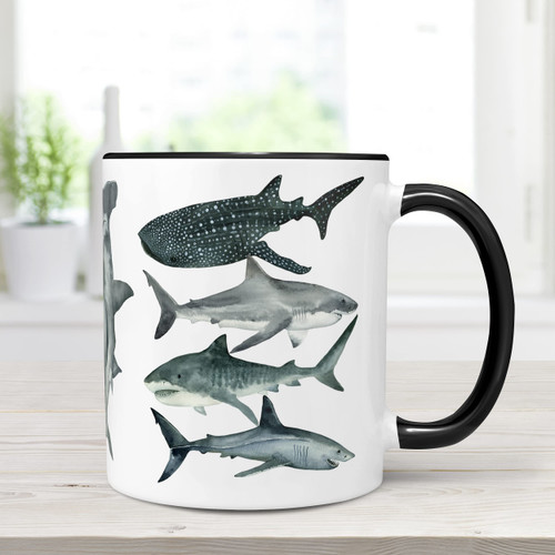 Shark Coffee Mug, Great white Shark, Whale Shark, Hammerhead Shark and others Ceramic Cup, Microwave Dishwasher Safe (11 oz Black Accent)