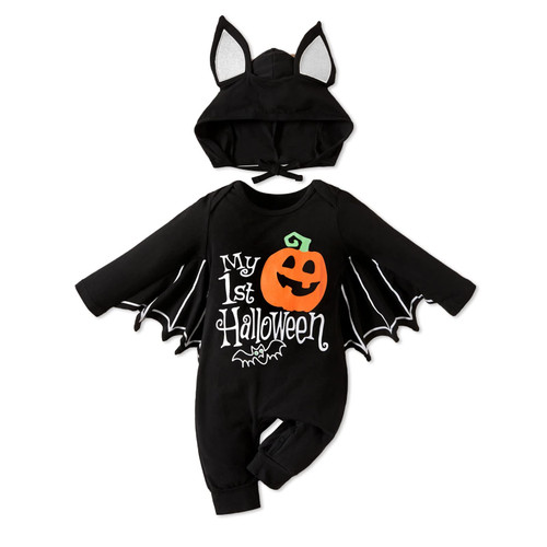 PATPAT My First Halloween Outfits Bat Costume Newborn Infant Baby Boy Girl Clothes Jumpsuit Bodysuit Romper with Hat 9-12 Months