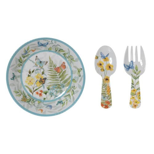 Gerson International Melamine Butterfly Design Salad Bowl with Fork and Spoon, Set of 3, 12.9 Inch Diameter