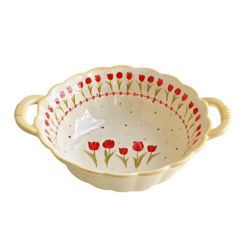 WAIT FLY Lovely Tulip Salad Bowl with Handles 20 OZ Porcelain Soup Bowl Serving Bowl for Soup, Pasta, Ramen, Cereal, Oatmeal, Salad