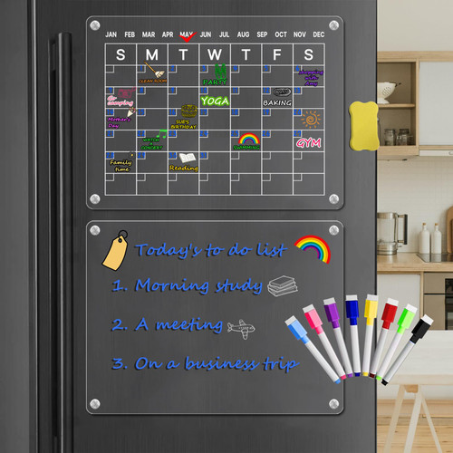 Acrylic Magnetic Calendar for Fridge,16"x12" Set of 2 Clear Dry Erase Board Calendar for Refrigerator Reusable Monthly Planner Whiteboard,Includes 8 Colors Dry Erase Markers and Eraser
