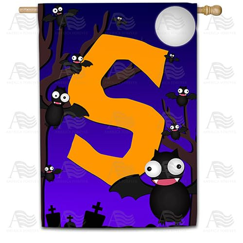 America Forever Monogram Halloween Bat House Flag 28 x 40 inches Letter S Double Sided Large Flags for Outside, Holiday Party Yard Outdoor Halloween Horror Nights Flag