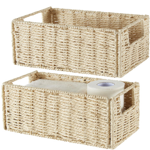 Wicker Storage Basket, Vagusicc Small Storage Basket Woven Wicker Baskets for Organizing with Handles Foldable Storage Bins Toilet Paper Basket for Toilet Tank Bathroom Small Baskets Set of 2, Beige Wicker Storage Basket, Vagusicc Small Storage Basket Woven Wicker Baskets for Organizing with Handles Foldable Storage Bins Toilet Paper Basket for Toilet Tank Bathroom Small Baskets Set of 2, Beige