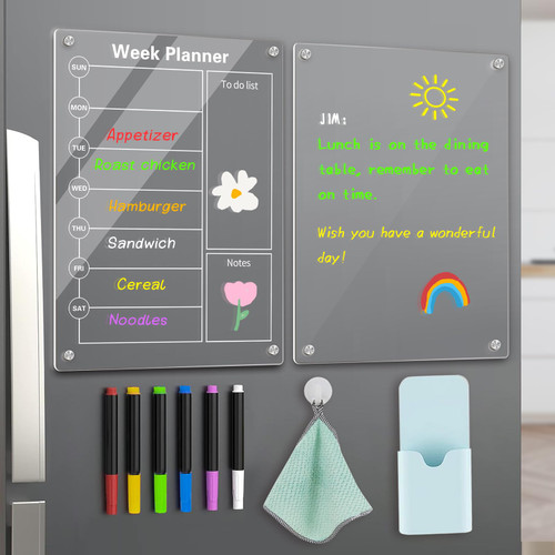 Acrylic Magnetic Calendar for Fridge,2 Pack 13"x9" Weekly and Clear Dry Erase Board Calendar for Fridge,Meal Planner Magnetic Weekly Calendar Includes 6 Dry Erase Markers with 6 Colors
