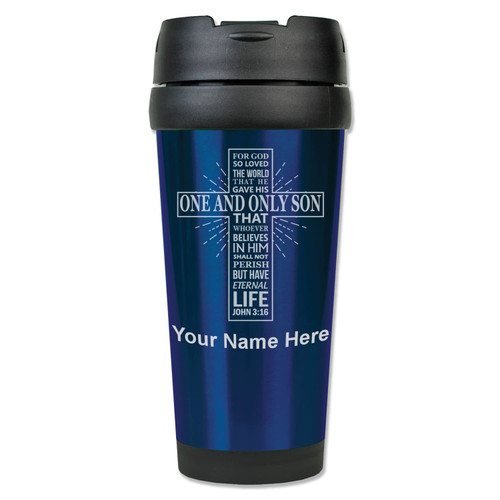 LaserGram 16oz Coffee Travel Mug, Bible Verse John 3-16, Personalized Engraving Included (Dark Blue)