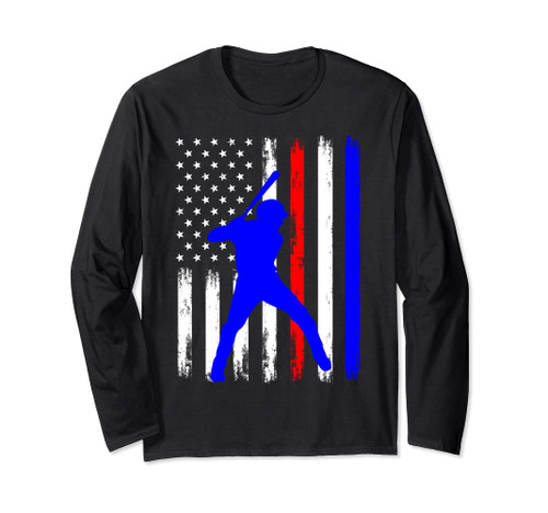 Baseball 4th of July Graphic American Flag Patriotic Boys Long Sleeve T-Shirt