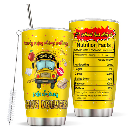 School Bus Driver Gifts, School Bus Tumbler with Straw and Lid 20oz, Best Bus Driver Appreciation Gifts, Bus Driver Back to School Retirement Gifts, Stainless Steel Coffee Tumbler Cup for Men Women