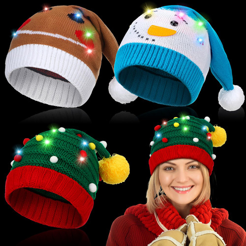 Funtery 3 Pcs Light Up Elf Hats Knitted Santa Hats LED Christmas Hats Adults Crochet Christmas Beanie Winter Hats (Cute Style)