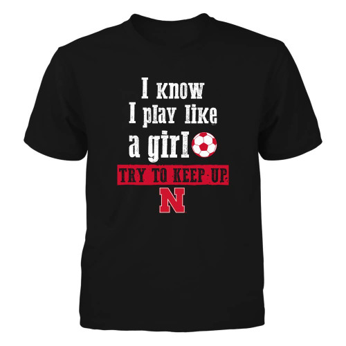 FanPrint Nebraska Cornhuskers T-Shirt - Play Like A Girl ^ Soccer ^ Team - Youth Tee/Black/L