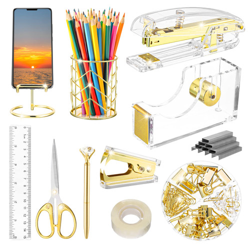 Aibocn Gold Desk Accessories, Office Supplies, Acrylic Stapler, Staple Remover, Tape Holder, Pen Holder, 1000pcs Staples, Diamond Pen, Phone Holder, Scissors, Binder Clips and Ruler, Transparent Glue