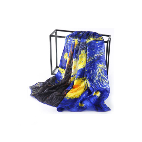 100% Silk Scarf for Women, Blue Silk Scarf Van Gogh Starry Night Art Collection,Mulberry Silk Scarf for Girl Women, Van Gogh Starry Night Silk Scarf Long, 2024 New Van Gogh Silk Scarves for Women