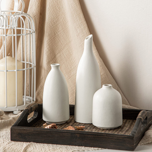 Ceramic Small Vase Set of 3, Matte White Vases for Home Decor, Modern Farmhouse Decor, Living Room Decor, Shelf Decor, Table, Bookshelf, Mantel and Entryway Decor.