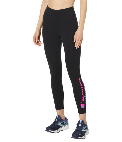 Champion, Authentic, 7/8, Moisture Wicking, Leggings for Women, 25" (Plus, Black Mirrored Script, Small