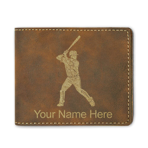 LaserGram Faux Leather Bi-Fold Wallet, Baseball Player 2, Personalized Engraving Included (Rustic)