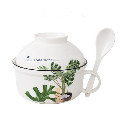 KLADNOVOJO Soup Bowls with Handles & Spoons, 34.5oz Ceramic Ramen Bowl with Lid, Large Soup Mugs/Cups for Instant Noodle, Big Cereal Bowls for Soup, Soup Containers with Lids(Cats and Forest)