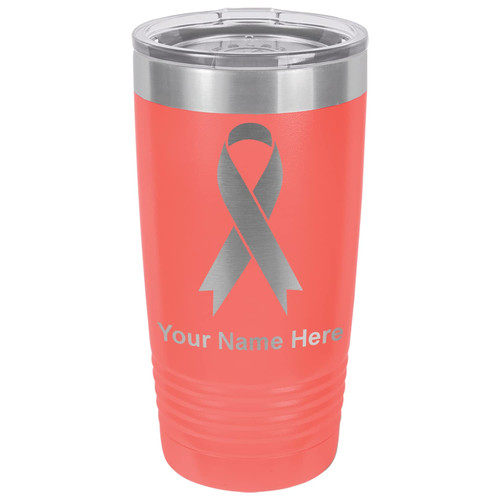 LaserGram 20oz Vacuum Insulated Tumbler Mug, Cancer Awareness Ribbon, Personalized Engraving Included (Coral)