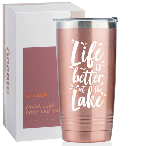 Onebttl Lake House Gifts, Lake Life Gifts for Women/Men, 20oz Insulated Tumbler, Perfect for Boat Owner/Lake Lovers - Life is Better at the Lake (Rose Gold)